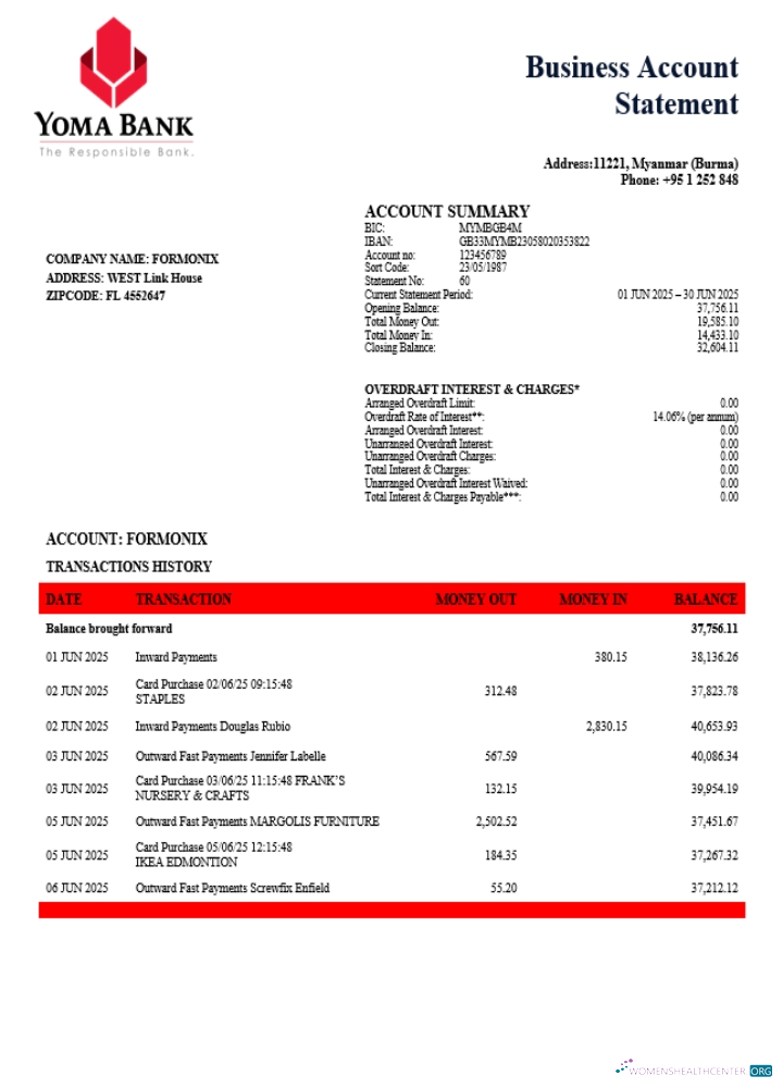 Download Yoma organization checking account statement Word and PDF template (1) Photoshop template